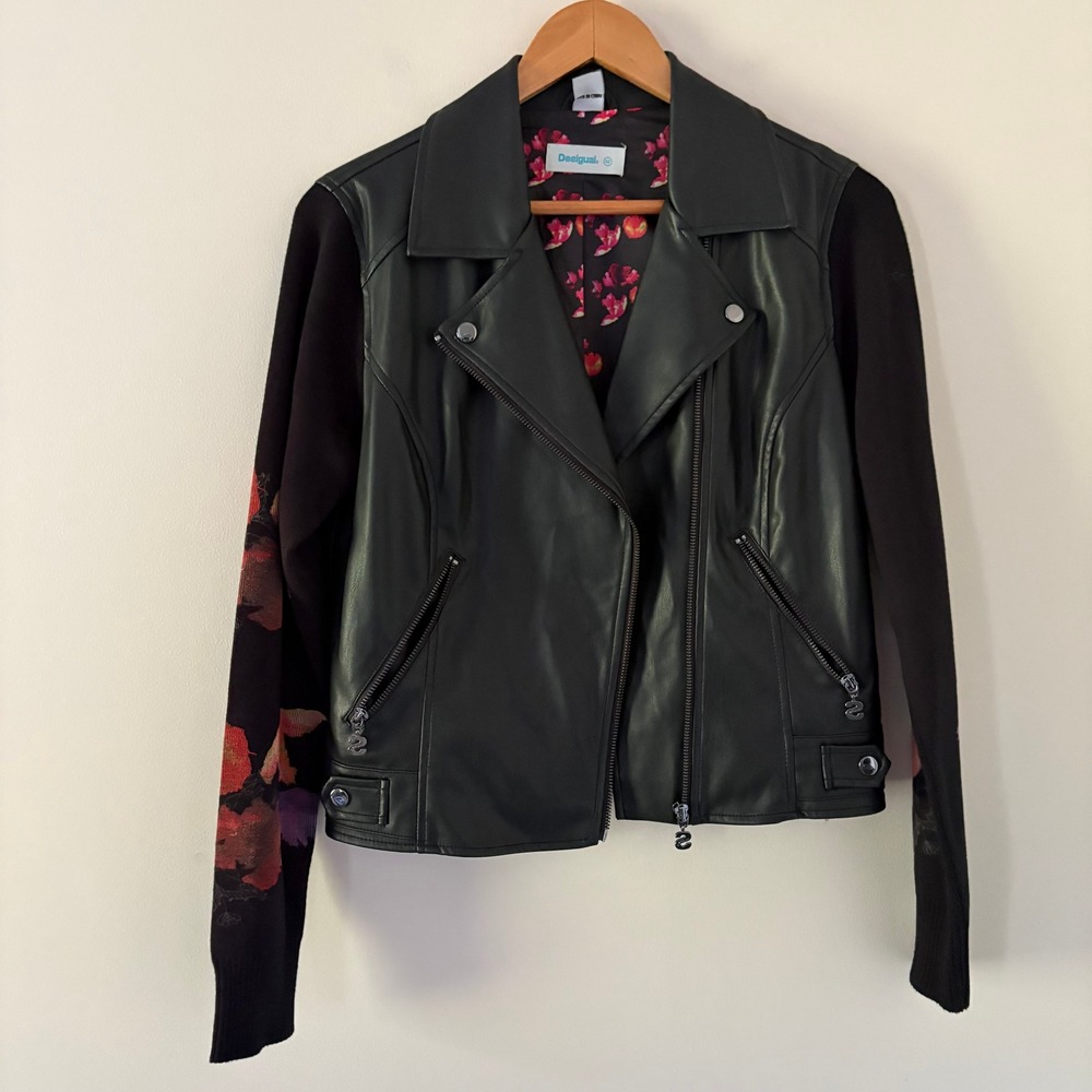 Desigual Moto Jacket 42 Black Floral Knit Sleeve Mixed Media Biker - Picture 4 of 16